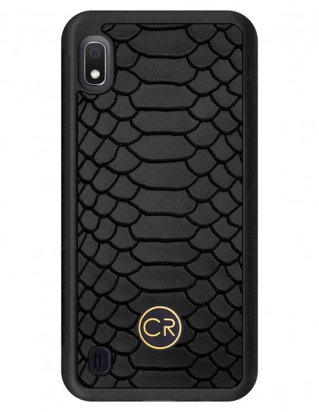 Etui premium skórzane, case na smartfon SAMSUNG GALAXY A10. Skóra pyton czarna ze złotą blaszką.