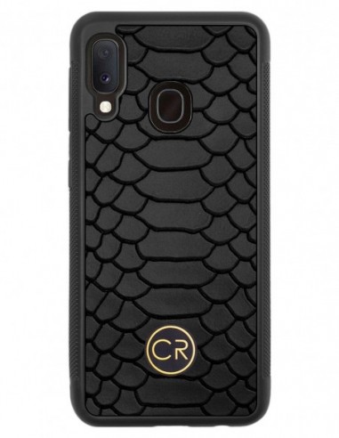Etui premium skórzane, case na smartfon SAMSUNG GALAXY A20E. Skóra pyton czarna ze złotą blaszką.