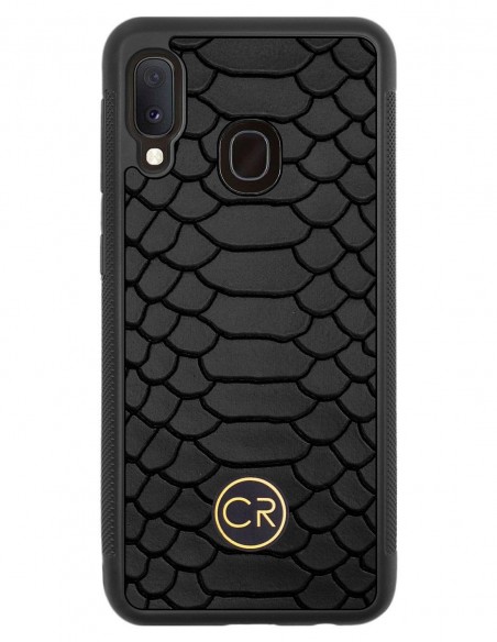 Etui premium skórzane, case na smartfon SAMSUNG GALAXY A20E. Skóra pyton czarna ze złotą blaszką.