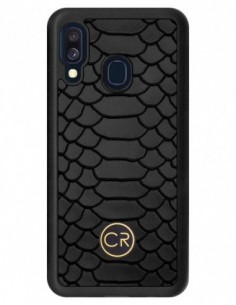 Etui premium skórzane, case na smartfon SAMSUNG GALAXY A40. Skóra pyton czarna ze złotą blaszką.