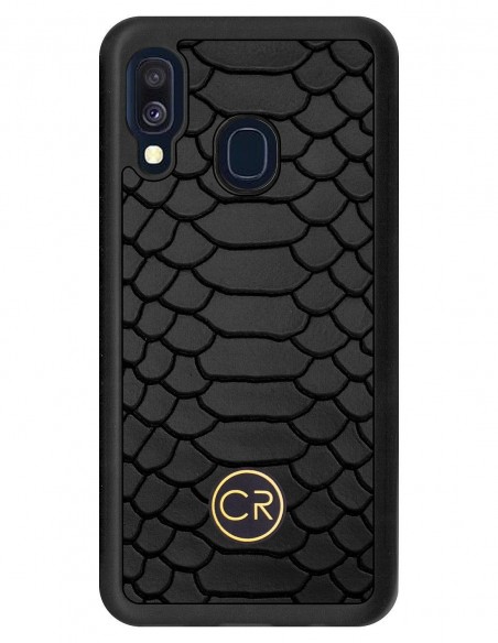 Etui premium skórzane, case na smartfon SAMSUNG GALAXY A40. Skóra pyton czarna ze złotą blaszką.