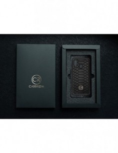 Etui premium skórzane, case na smartfon SAMSUNG GALAXY A40. Skóra pyton czarna ze złotą blaszką. 2