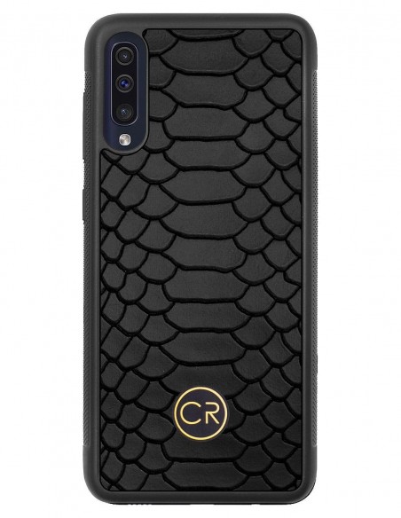 Etui premium skórzane, case na smartfon SAMSUNG GALAXY A50. Skóra pyton czarna ze złotą blaszką.