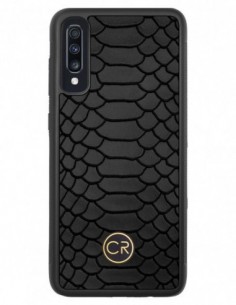 Etui premium skórzane, case na smartfon SAMSUNG GALAXY A70. Skóra pyton czarna ze złotą blaszką.