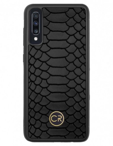 Etui premium skórzane, case na smartfon SAMSUNG GALAXY A70. Skóra pyton czarna ze złotą blaszką.