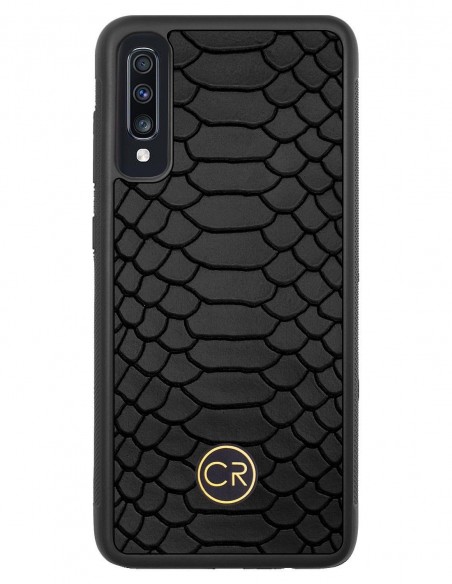 Etui premium skórzane, case na smartfon SAMSUNG GALAXY A70. Skóra pyton czarna ze złotą blaszką.