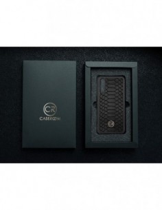 Etui premium skórzane, case na smartfon SAMSUNG GALAXY A70. Skóra pyton czarna ze złotą blaszką. 2