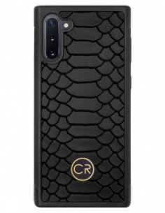 Etui premium skórzane, case na smartfon SAMSUNG GALAXY NOTE 10. Skóra pyton czarna ze złotą blaszką.