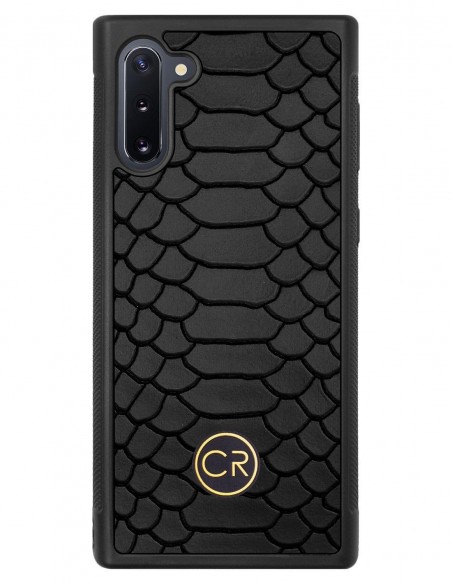 Etui premium skórzane, case na smartfon SAMSUNG GALAXY NOTE 10. Skóra pyton czarna ze złotą blaszką.