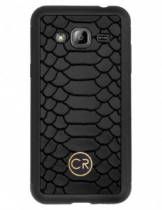 Etui premium skórzane, case na smartfon SAMSUNG GALAXY J3 2016. Skóra pyton czarna ze złotą blaszką.