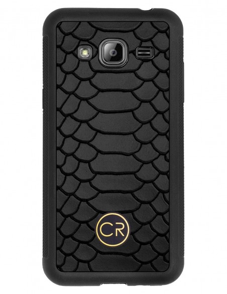 Etui premium skórzane, case na smartfon SAMSUNG GALAXY J3 2016. Skóra pyton czarna ze złotą blaszką.