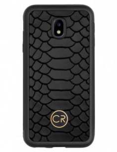 Etui premium skórzane, case na smartfon SAMSUNG GALAXY J3 2017. Skóra pyton czarna ze złotą blaszką.