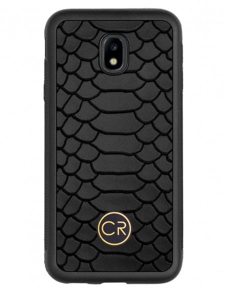 Etui premium skórzane, case na smartfon SAMSUNG GALAXY J3 2017. Skóra pyton czarna ze złotą blaszką.