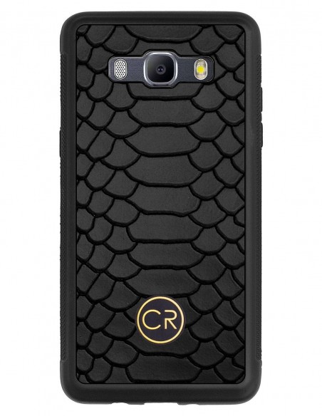 Etui premium skórzane, case na smartfon SAMSUNG GALAXY J5 2016. Skóra pyton czarna ze złotą blaszką.