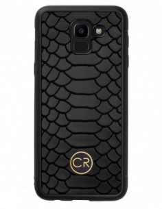 Etui premium skórzane, case na smartfon SAMSUNG GALAXY J6 2018. Skóra pyton czarna ze złotą blaszką.