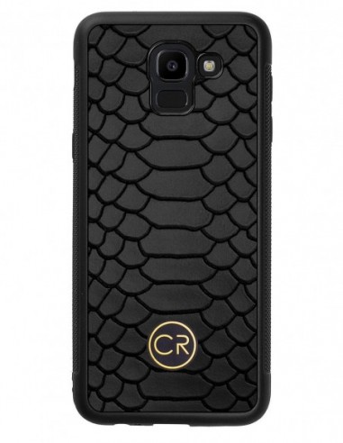 Etui premium skórzane, case na smartfon SAMSUNG GALAXY J6 2018. Skóra pyton czarna ze złotą blaszką.