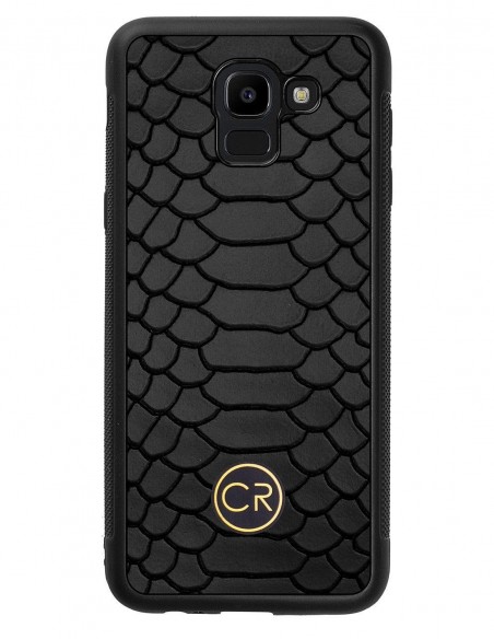 Etui premium skórzane, case na smartfon SAMSUNG GALAXY J6 2018. Skóra pyton czarna ze złotą blaszką.
