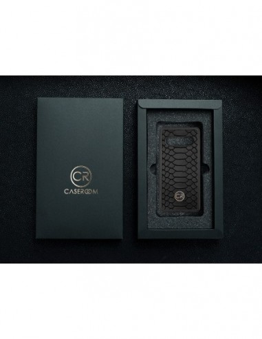 Etui premium skórzane, case na smartfon SAMSUNG GALAXY S10. Skóra pyton czarna ze złotą blaszką.