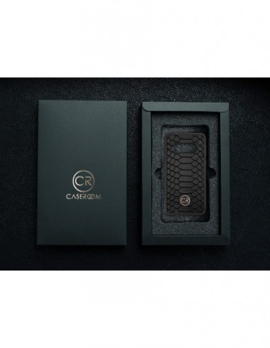 Etui premium skórzane, case na smartfon SAMSUNG GALAXY S10E. Skóra pyton czarna ze złotą blaszką.