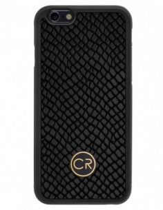 Etui premium skórzane, case na smartfon APPLE iPhone 6. Skóra iguana czarna ze złotą blaszką.