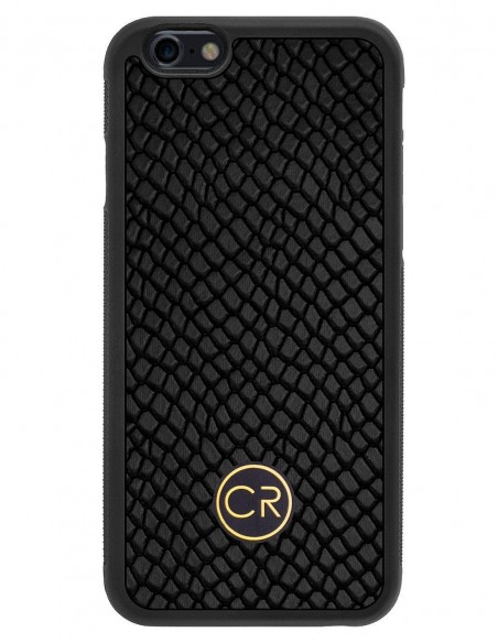 Etui premium skórzane, case na smartfon APPLE iPhone 6S. Skóra iguana czarna ze złotą blaszką.