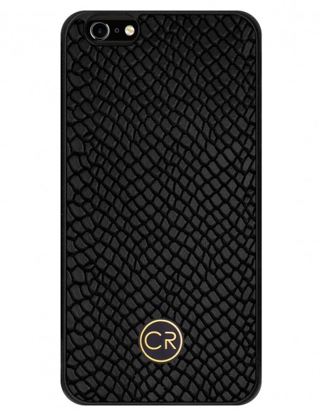 Etui premium skórzane, case na smartfon APPLE iPhone 6 PLUS. Skóra iguana czarna ze złotą blaszką.