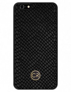 Etui premium skórzane, case na smartfon APPLE iPhone 6S PLUS. Skóra iguana czarna ze złotą blaszką.