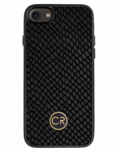 Etui premium skórzane, case na smartfon APPLE iPhone 8. Skóra iguana czarna ze złotą blaszką.