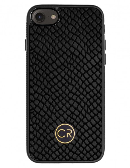 Etui premium skórzane, case na smartfon APPLE iPhone 8. Skóra iguana czarna ze złotą blaszką.