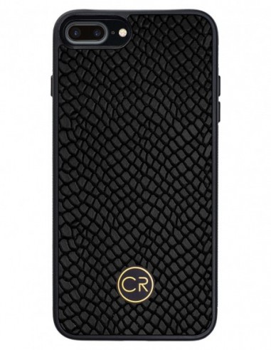 Etui premium skórzane, case na smartfon APPLE iPhone 8 PLUS. Skóra iguana czarna ze złotą blaszką.