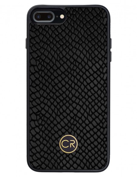 Etui premium skórzane, case na smartfon APPLE iPhone 8 PLUS. Skóra iguana czarna ze złotą blaszką. Etui premium skórzane, case na smartfon APPLE iPhone 8 PLUS. Skóra iguana czarna ze złotą blaszką.