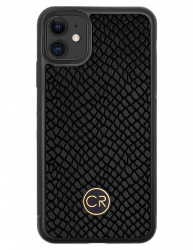 Etui premium skórzane, case na smartfon APPLE iPhone 11. Skóra iguana czarna ze złotą blaszką.