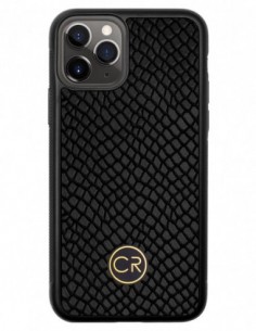 Etui premium skórzane, case na smartfon APPLE iPhone 11 PRO. Skóra iguana czarna ze złotą blaszką.