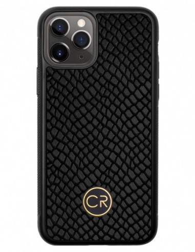 Etui premium skórzane, case na smartfon APPLE iPhone 11 PRO. Skóra iguana czarna ze złotą blaszką.