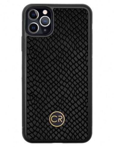 Etui premium skórzane, case na smartfon APPLE iPhone 11 PRO MAX. Skóra iguana czarna ze złotą blaszką.