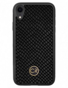 Etui premium skórzane, case na smartfon APPLE iPhone XR. Skóra iguana czarna ze złotą blaszką.