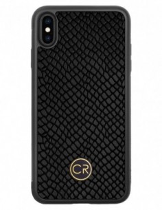Etui premium skórzane, case na smartfon APPLE iPhone XS MAX. Skóra iguana czarna ze złotą blaszką.