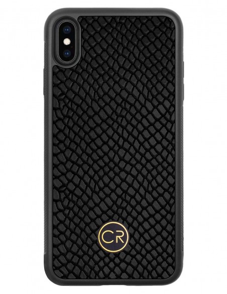 Etui premium skórzane, case na smartfon APPLE iPhone XS MAX. Skóra iguana czarna ze złotą blaszką.
