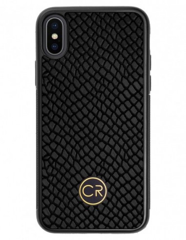 Etui premium skórzane, case na smartfon APPLE iPhone X. Skóra iguana czarna ze złotą blaszką.