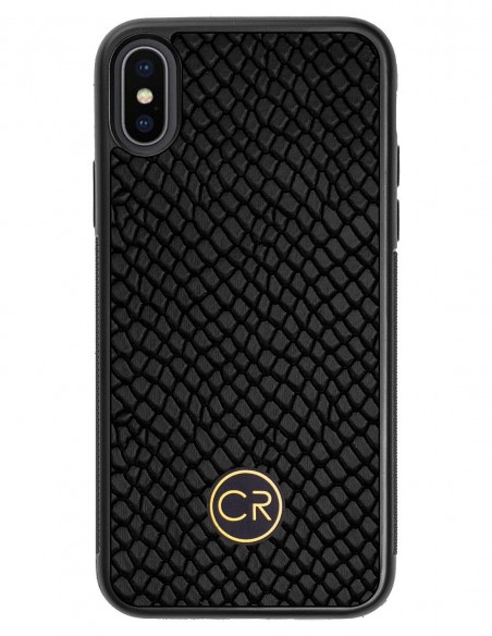 Etui premium skórzane, case na smartfon APPLE iPhone X. Skóra iguana czarna ze złotą blaszką.