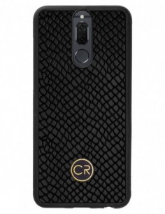 Etui premium skórzane, case na smartfon HUAWEI MATE 10 LITE. Skóra iguana czarna ze złotą blaszką.