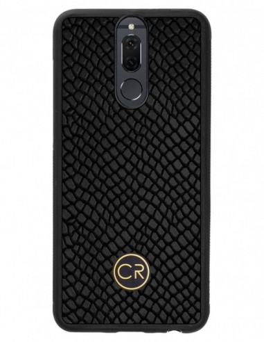 Etui premium skórzane, case na smartfon HUAWEI MATE 10 LITE. Skóra iguana czarna ze złotą blaszką.