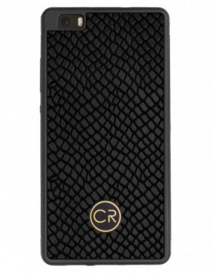 Etui premium skórzane, case na smartfon HUAWEI P8 LITE. Skóra iguana czarna ze złotą blaszką.