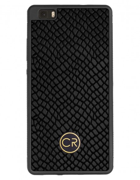 Etui premium skórzane, case na smartfon HUAWEI P8 LITE. Skóra iguana czarna ze złotą blaszką.