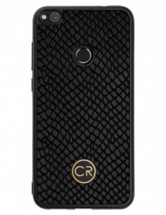 Etui premium skórzane, case na smartfon HUAWEI P8 LITE 2017. Skóra iguana czarna ze złotą blaszką.