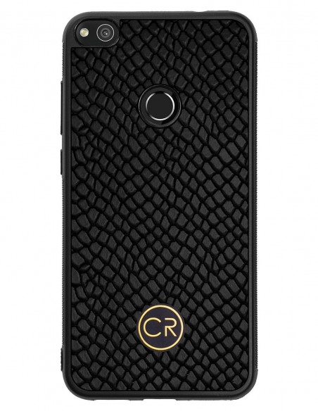 Etui premium skórzane, case na smartfon HUAWEI P8 LITE 2017. Skóra iguana czarna ze złotą blaszką.