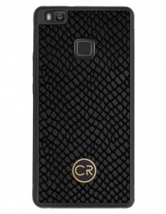 Etui premium skórzane, case na smartfon HUAWEI P9 LITE. Skóra iguana czarna ze złotą blaszką.