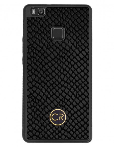 Etui premium skórzane, case na smartfon HUAWEI P9 LITE. Skóra iguana czarna ze złotą blaszką.