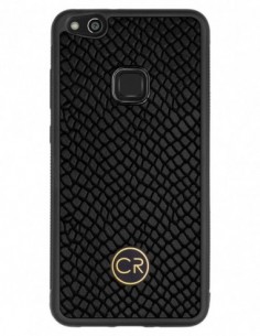 Etui premium skórzane, case na smartfon HUAWEI P10 LITE. Skóra iguana czarna ze złotą blaszką.