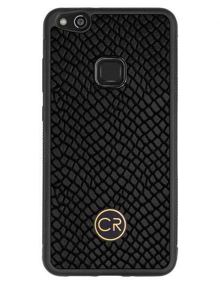 Etui premium skórzane, case na smartfon HUAWEI P10 LITE. Skóra iguana czarna ze złotą blaszką.